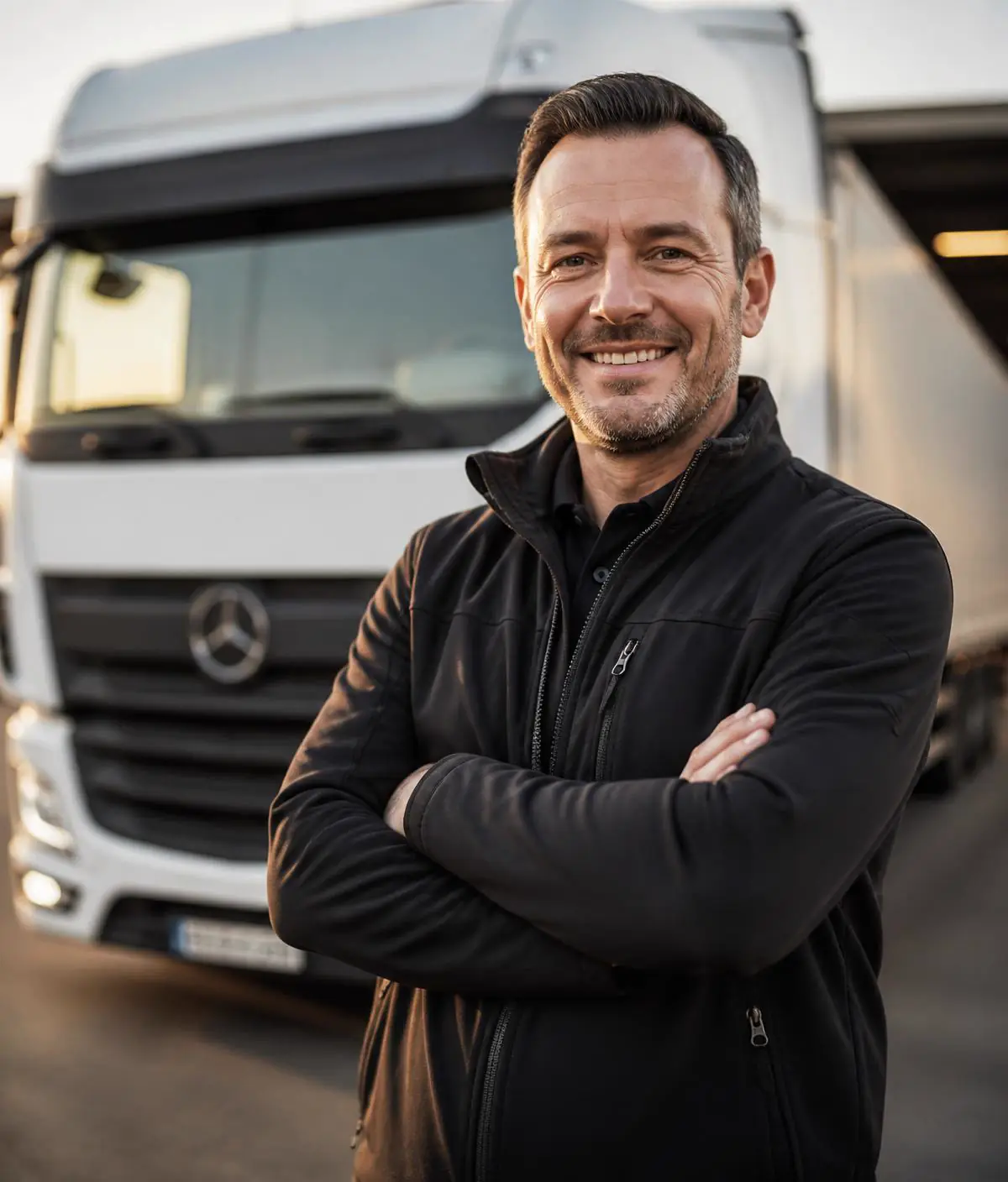 Truck driver standing in front of a modern semi-truck