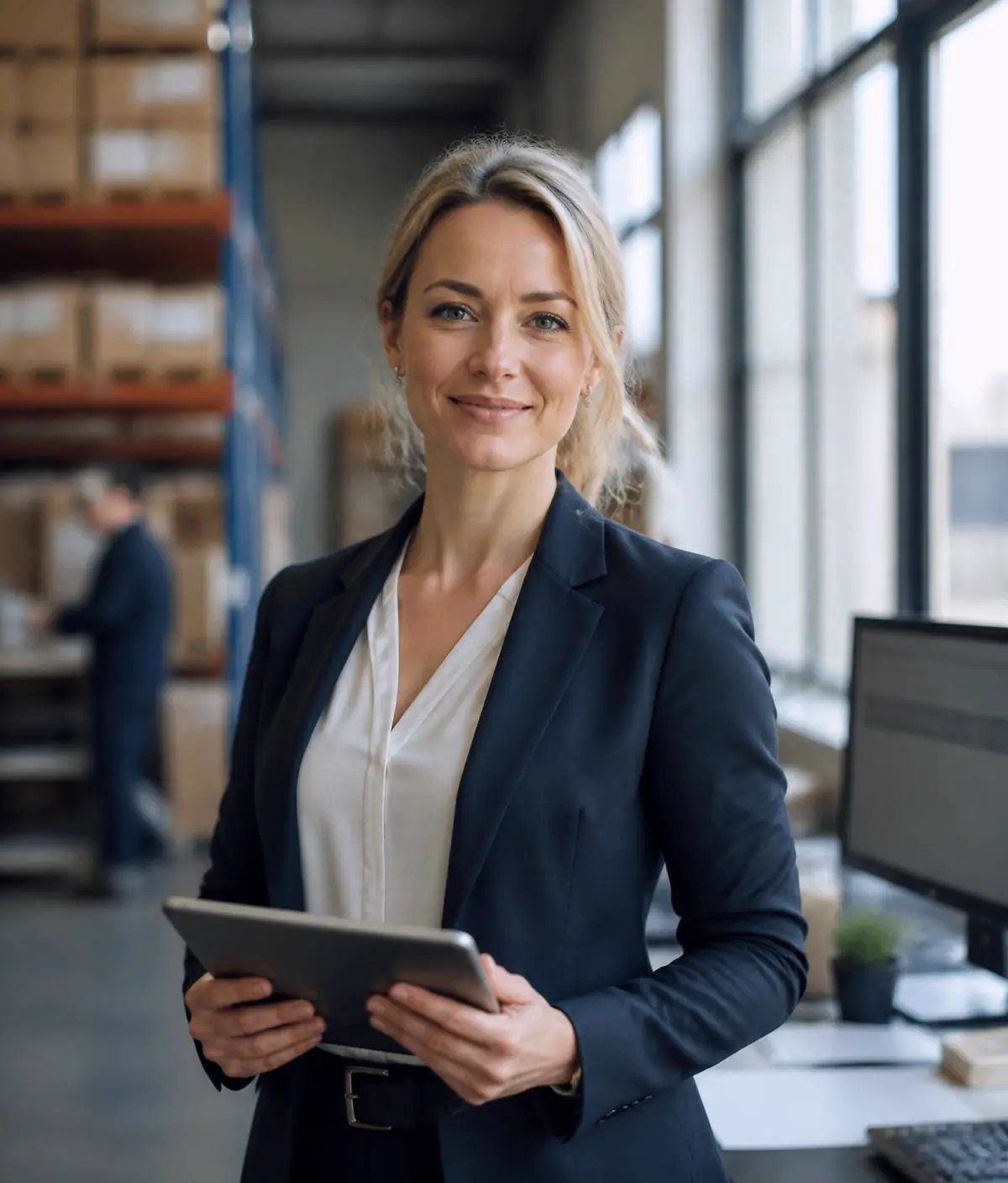 Logistics manager holding a tablet in a warehouse